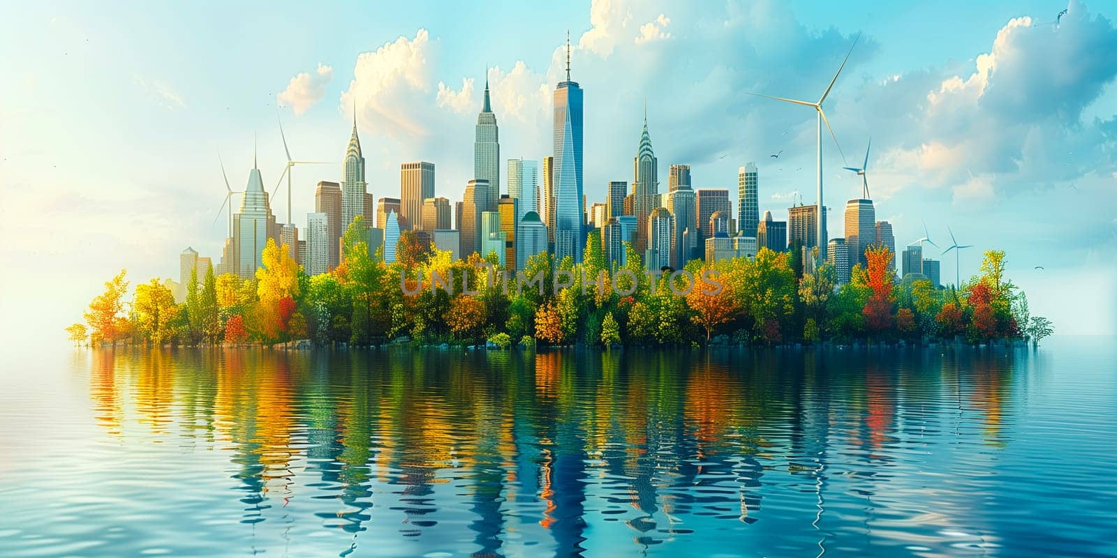 Big city with skyscrapers and wind turbines in background. Concept of sustainable energy solution by sarymsakov
