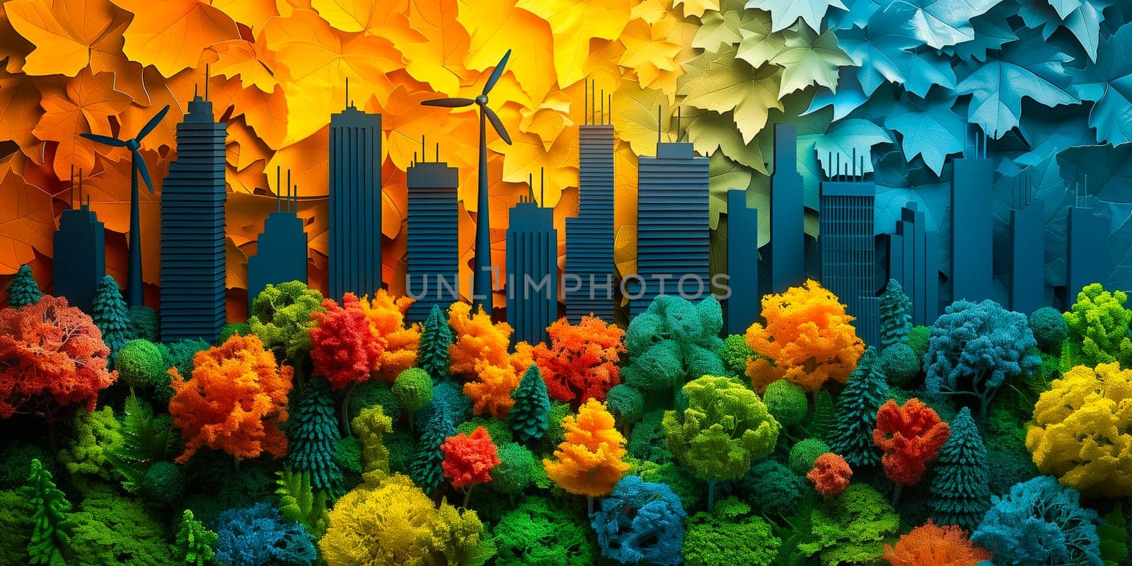 Green industry and alternative renewable energy. Green eco friendly cityscape background. Paper art of ecology and environment concept.