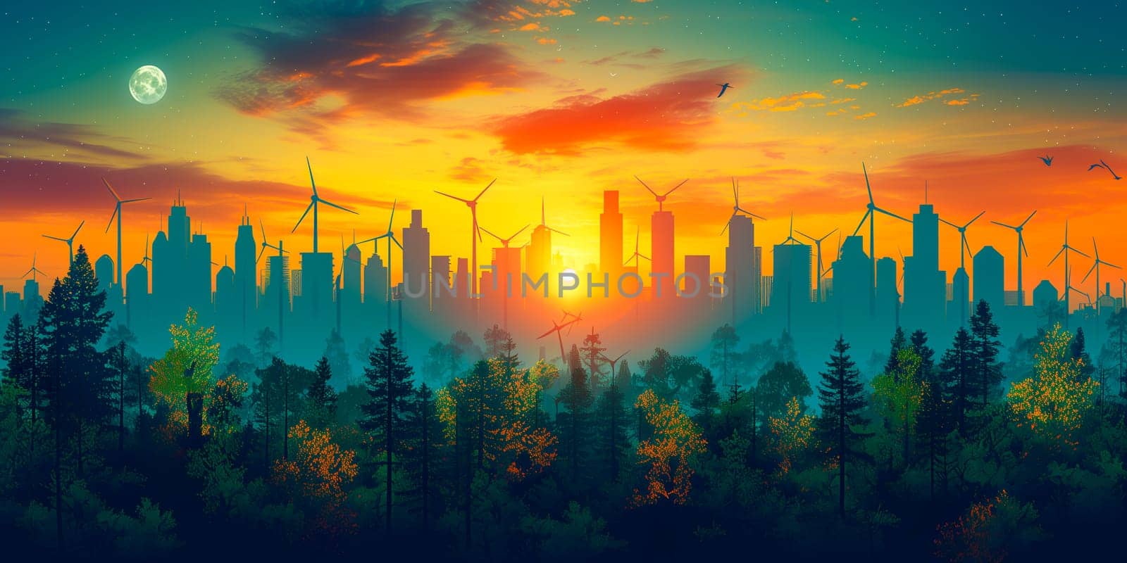 Big city with skyscrapers and wind turbines in background. Concept of sustainable energy solution in beautiful sunset backlit.