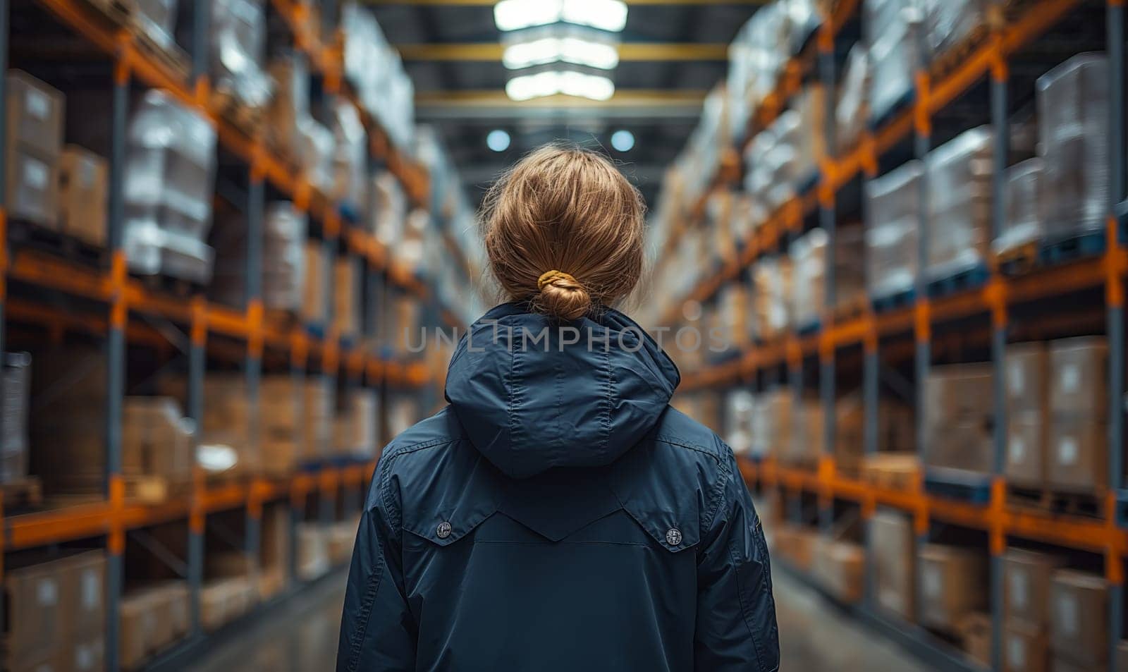 Rear view of a woman in a warehouse. by Fischeron