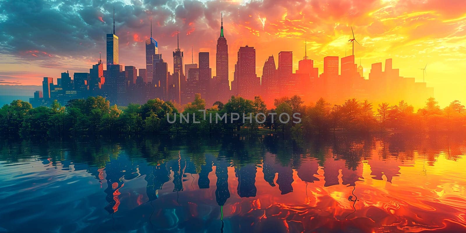 Beautiful abstract cityscape with skyscrapers, business buildings architecture, green park and lake by sarymsakov