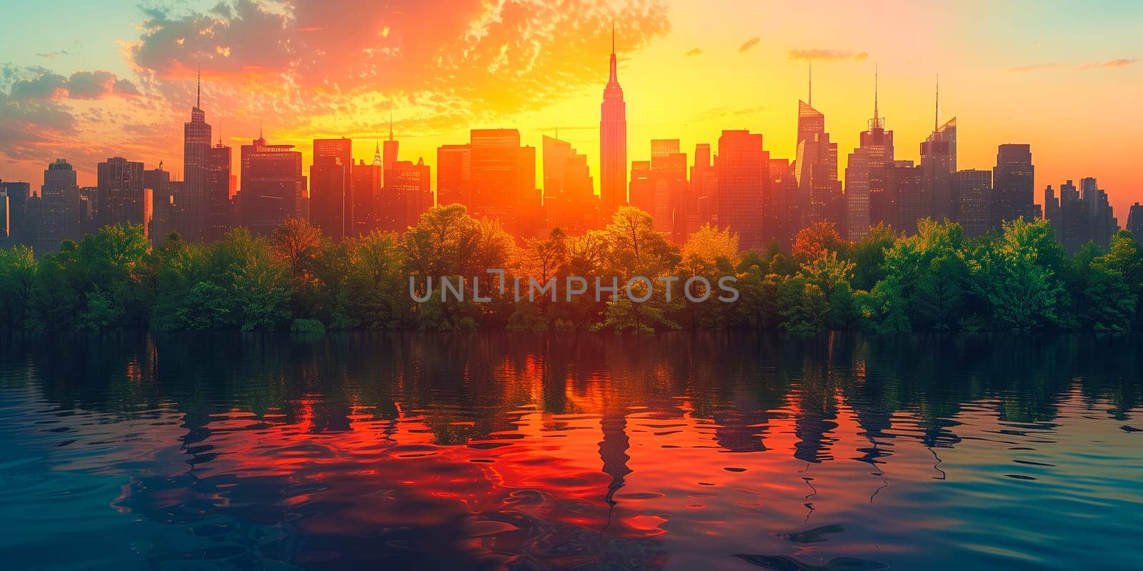 Beautiful abstract cityscape with skyscrapers, business buildings architecture, green park and lake. Concept of sustainable energy solution in beautiful sunset backlit.