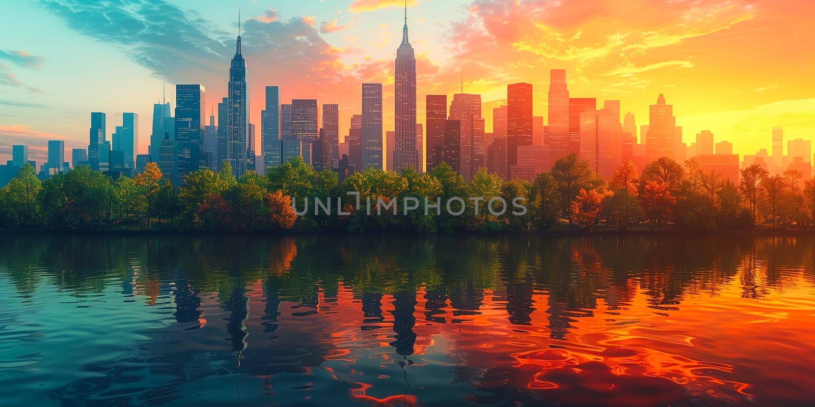 Beautiful abstract cityscape with skyscrapers, business buildings architecture, green park and lake. Concept of sustainable energy solution in beautiful sunset backlit.