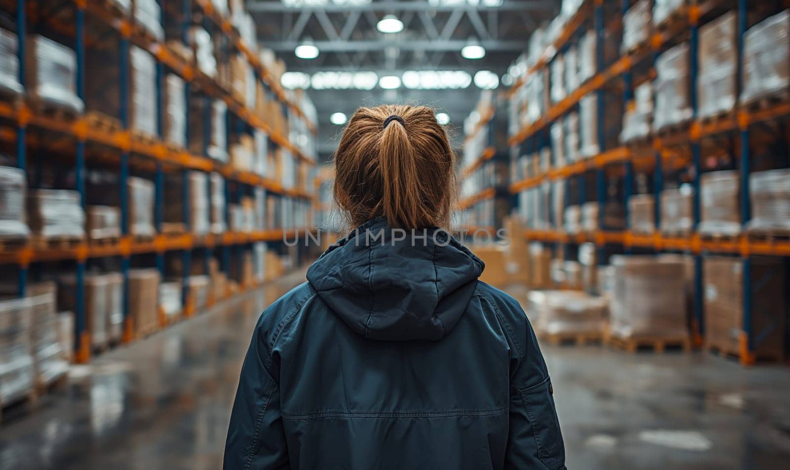 Rear view of a woman in a warehouse. Selective soft focus.