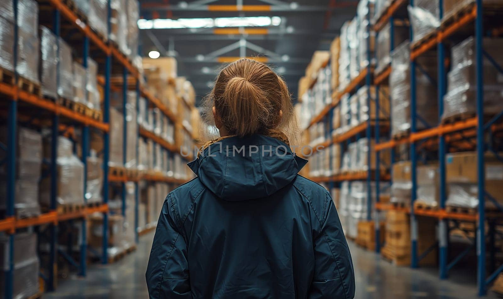 Rear view of a woman in a warehouse. Selective soft focus.