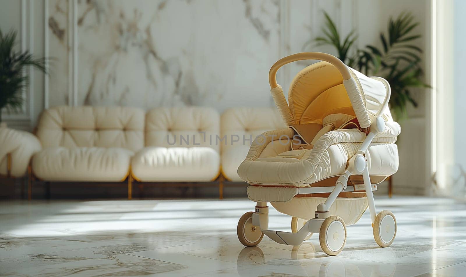 Baby stroller in a bright room. Selective soft focus.
