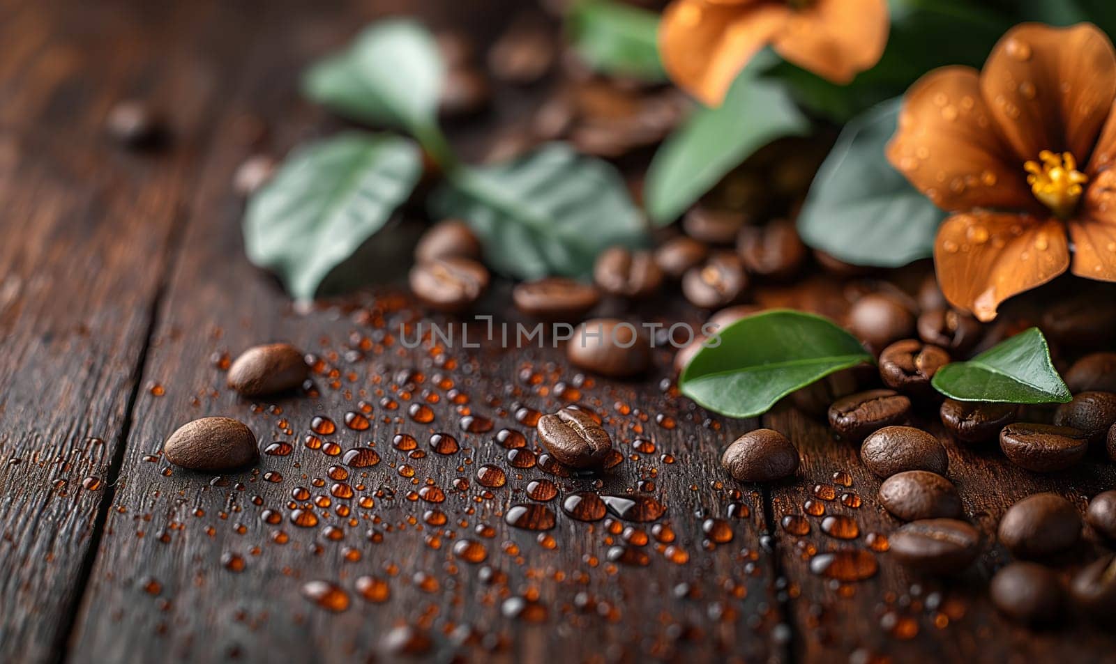 Coffee beans with flowers on the table. by Fischeron
