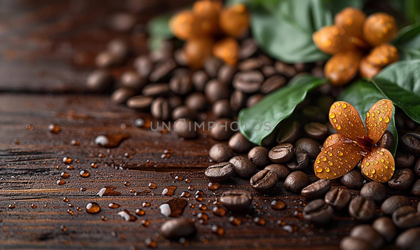 Coffee beans with flowers on the table. by Fischeron