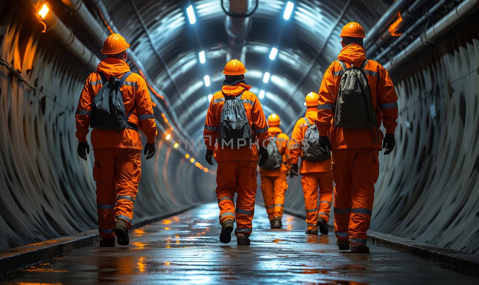 Workers in hard hats walk through a round tunnel. Selective soft focus.