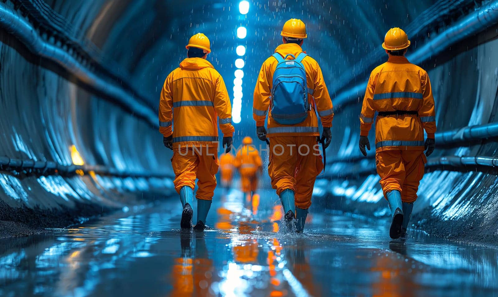 Workers in hard hats walk through a round tunnel. Selective soft focus.