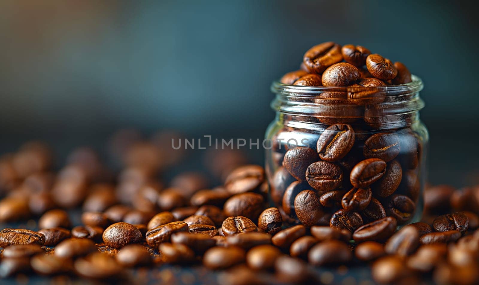 Roasted coffee beans on the table and in a glass jar. by Fischeron