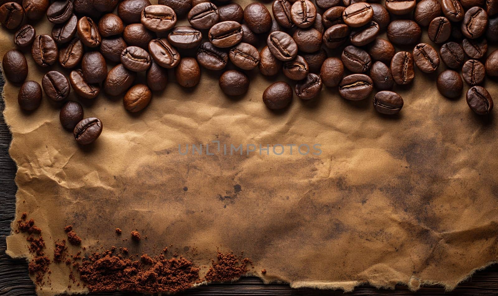 Scattered coffee beans on paper with space for text. Selective soft focus.