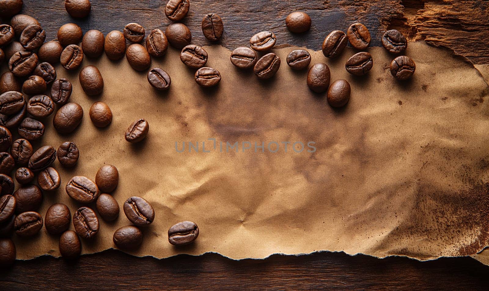 Scattered coffee beans on paper with space for text. Selective soft focus.