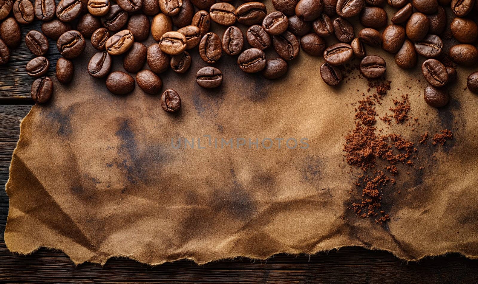 Scattered coffee beans on paper with space for text. Selective soft focus.