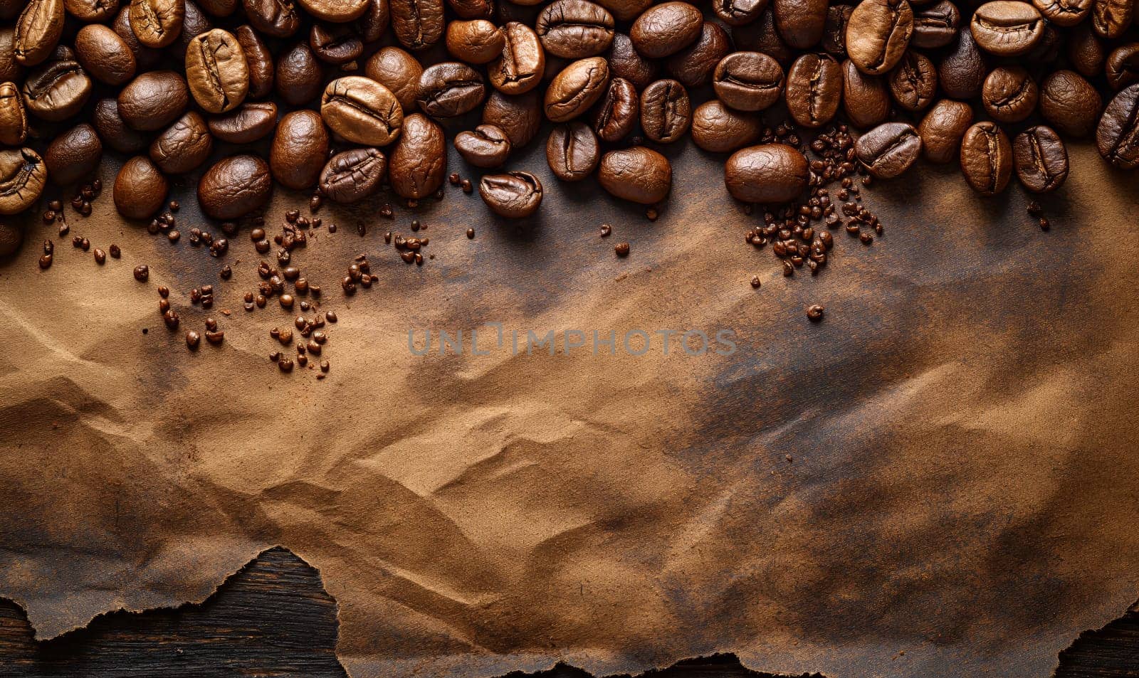 Scattered coffee beans on paper with space for text. Selective soft focus.