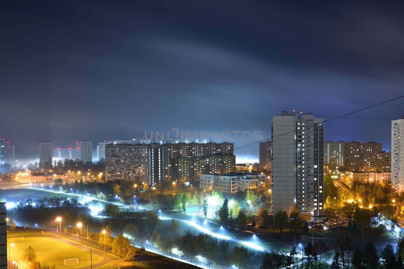 Autumn cityscape with fog in the Zelenograd in Moscow, Russia
