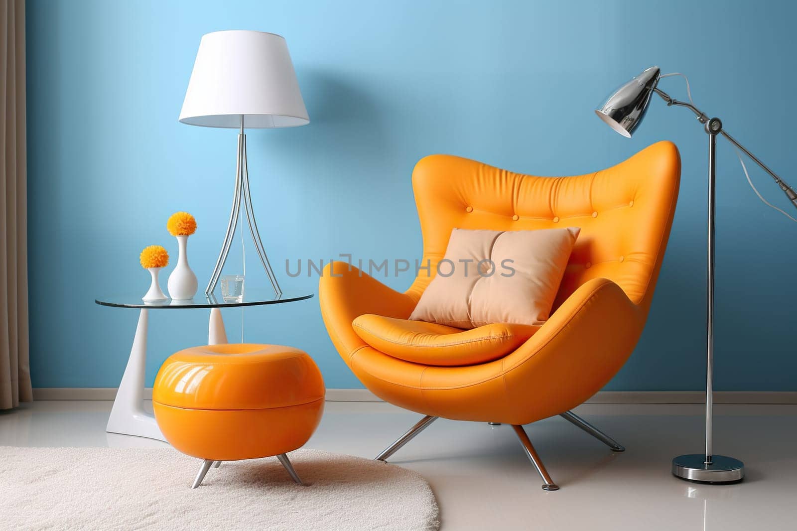 Orange designer stylish chair in the interior of a bright room. Generated by artificial intelligence by Vovmar