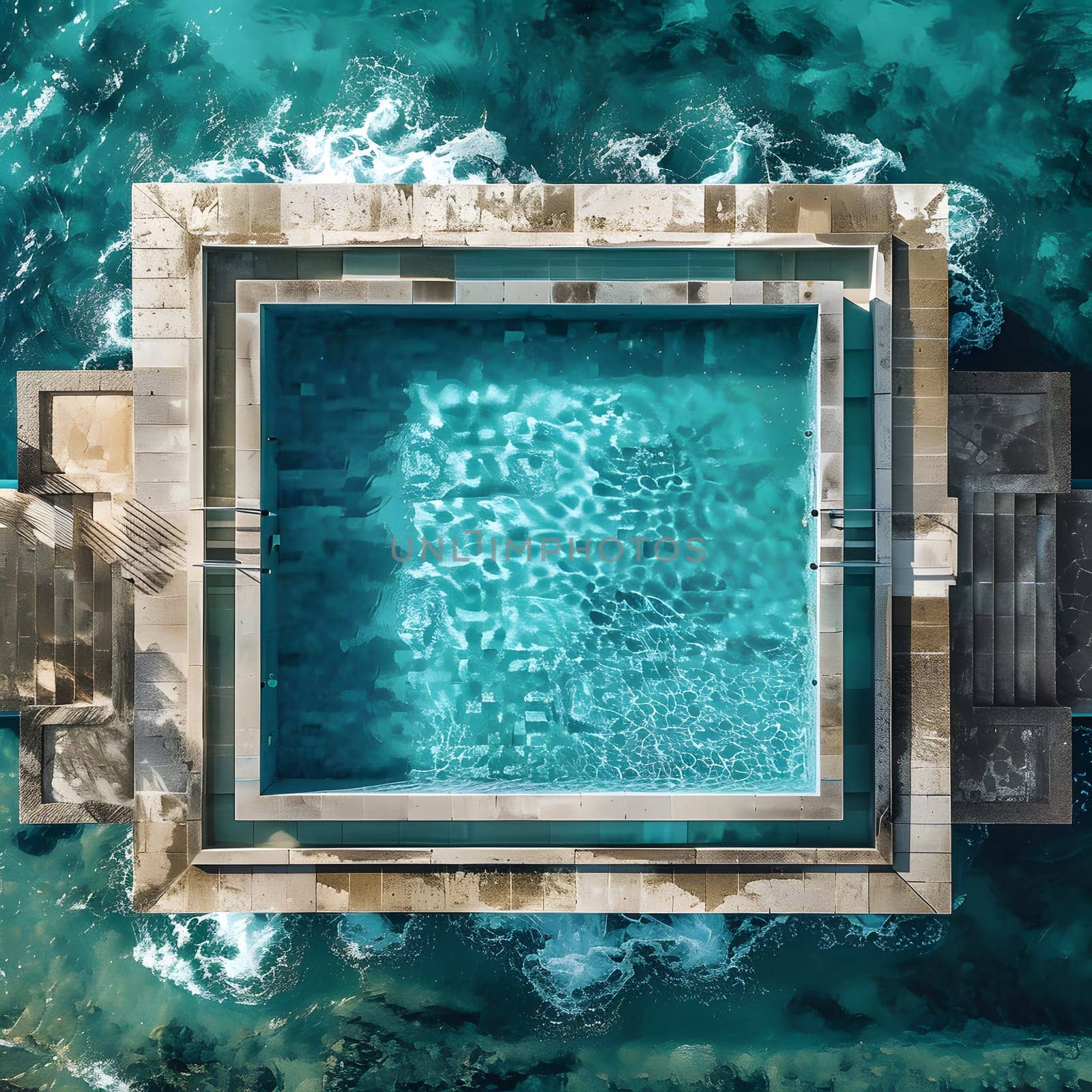 an aerial view of a swimming pool in the ocean by Nadtochiy