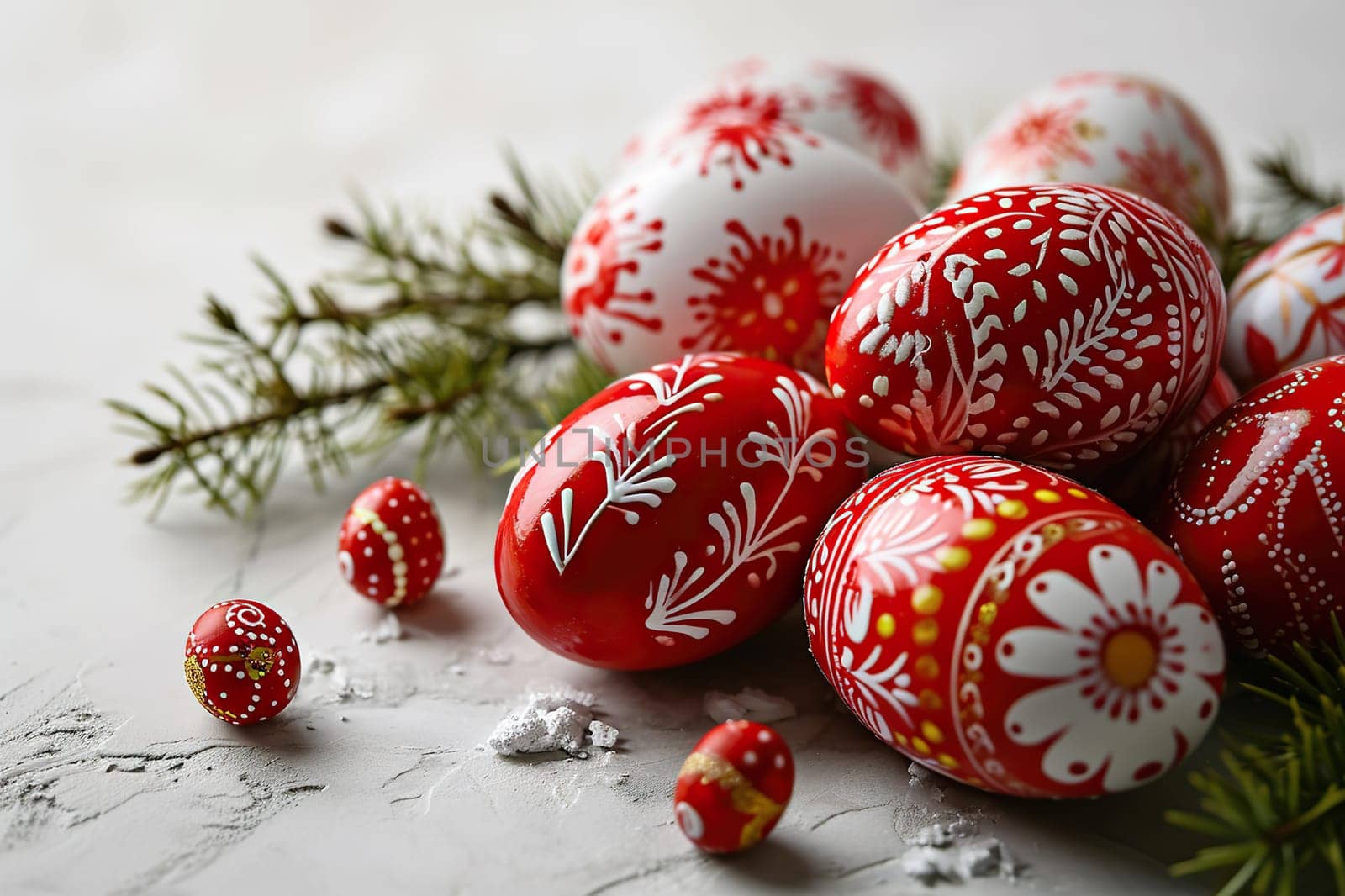 Red and white Easter eggs on a marble surface. Sideview, Easter background.