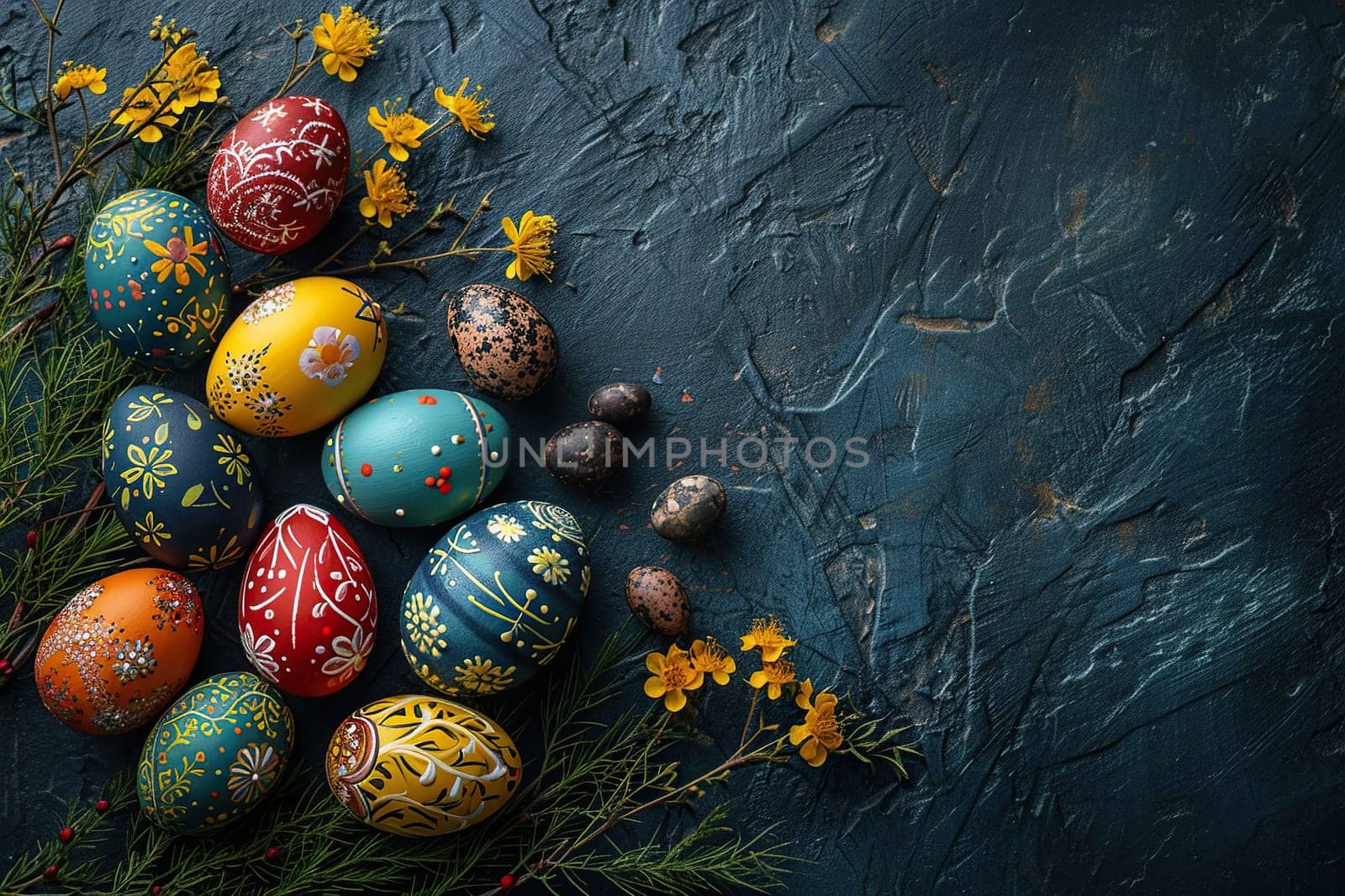 Beautiful decorated Easter eggs on a blue wooden surface. Easter composition, top view. Generative AI by Vovmar