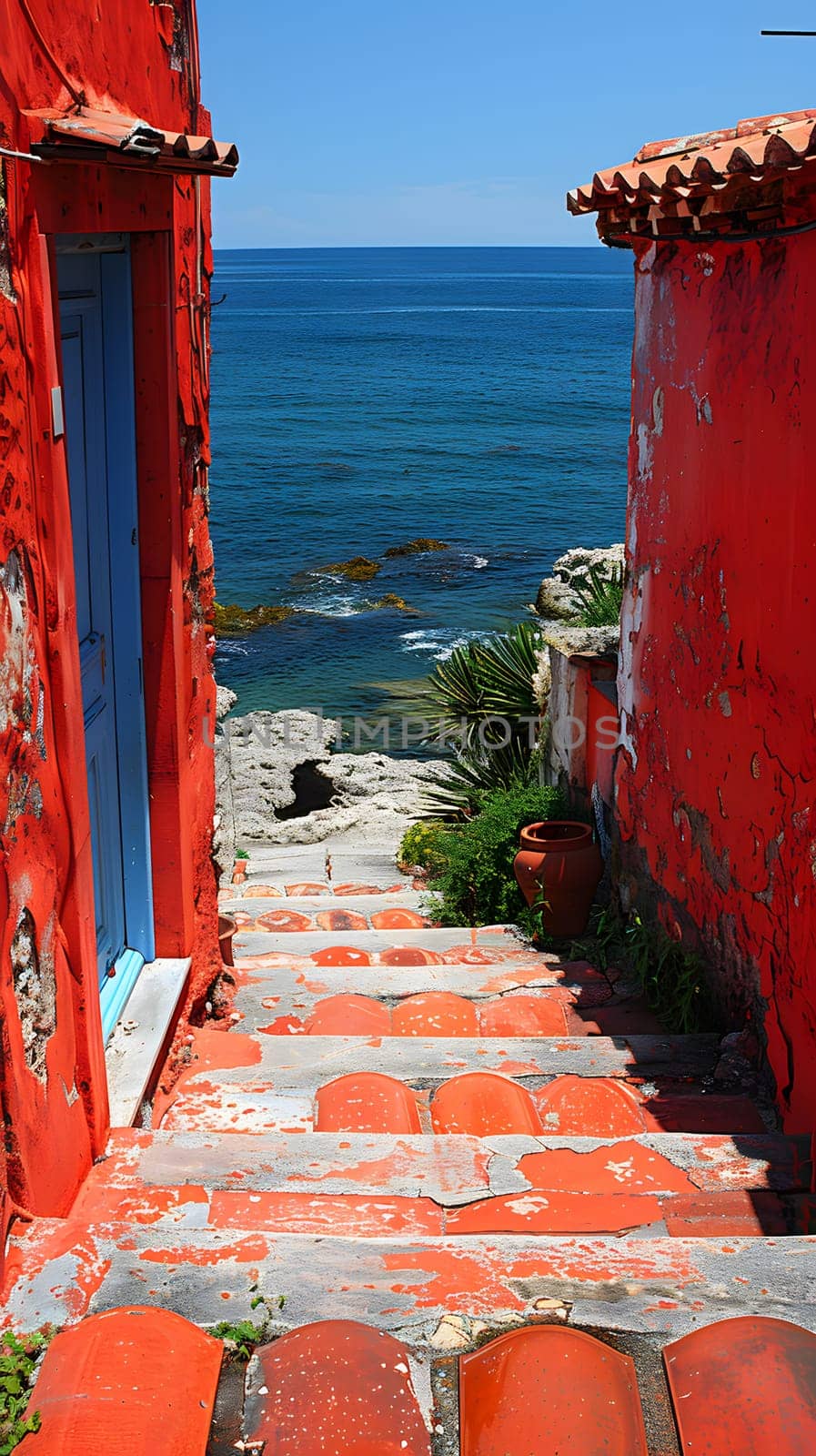A red structure with a vibrant azure door stands against the backdrop of the ocean. The wooden walls contrast beautifully with the surrounding coastal landscape