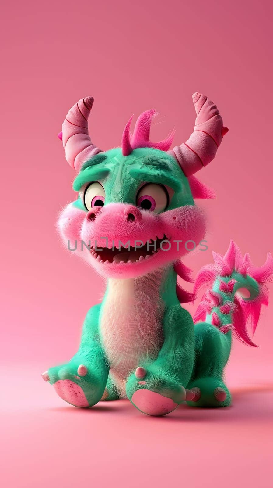 A plush green and pink toy dragon with horns is happily sitting on a magenta surface, its tail curled up and a big smile on its face, embodying a mythical creature with soft fur