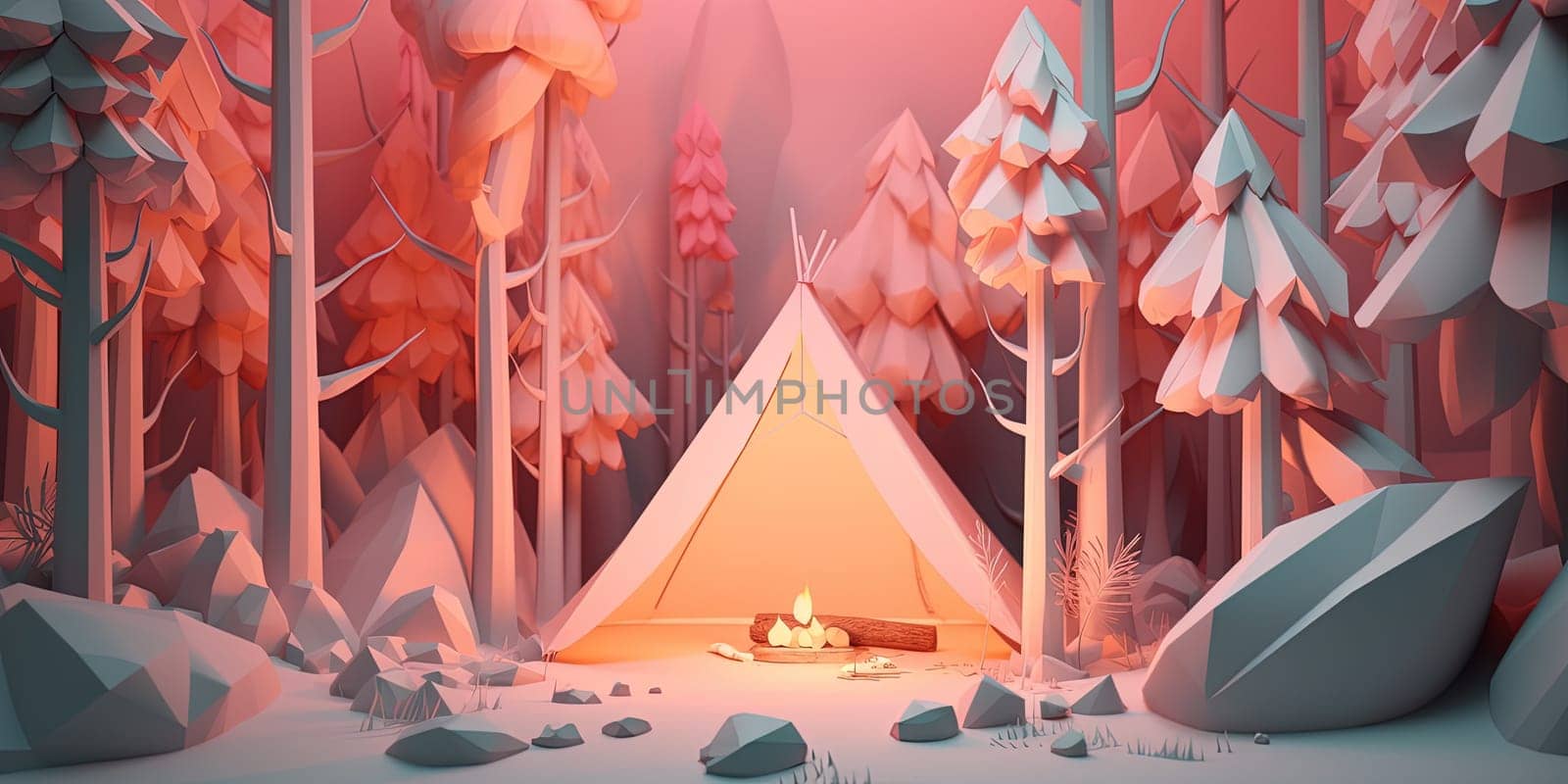 3D Illustration Tent In Forest And Bonfire At Night , Concept Of Nature Tourism