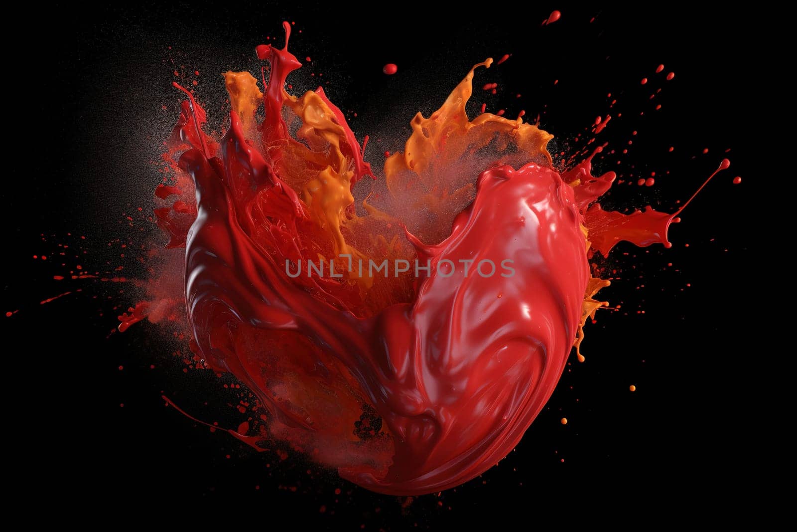 blew up red paint in heart shape splashes on a black background, generative AI