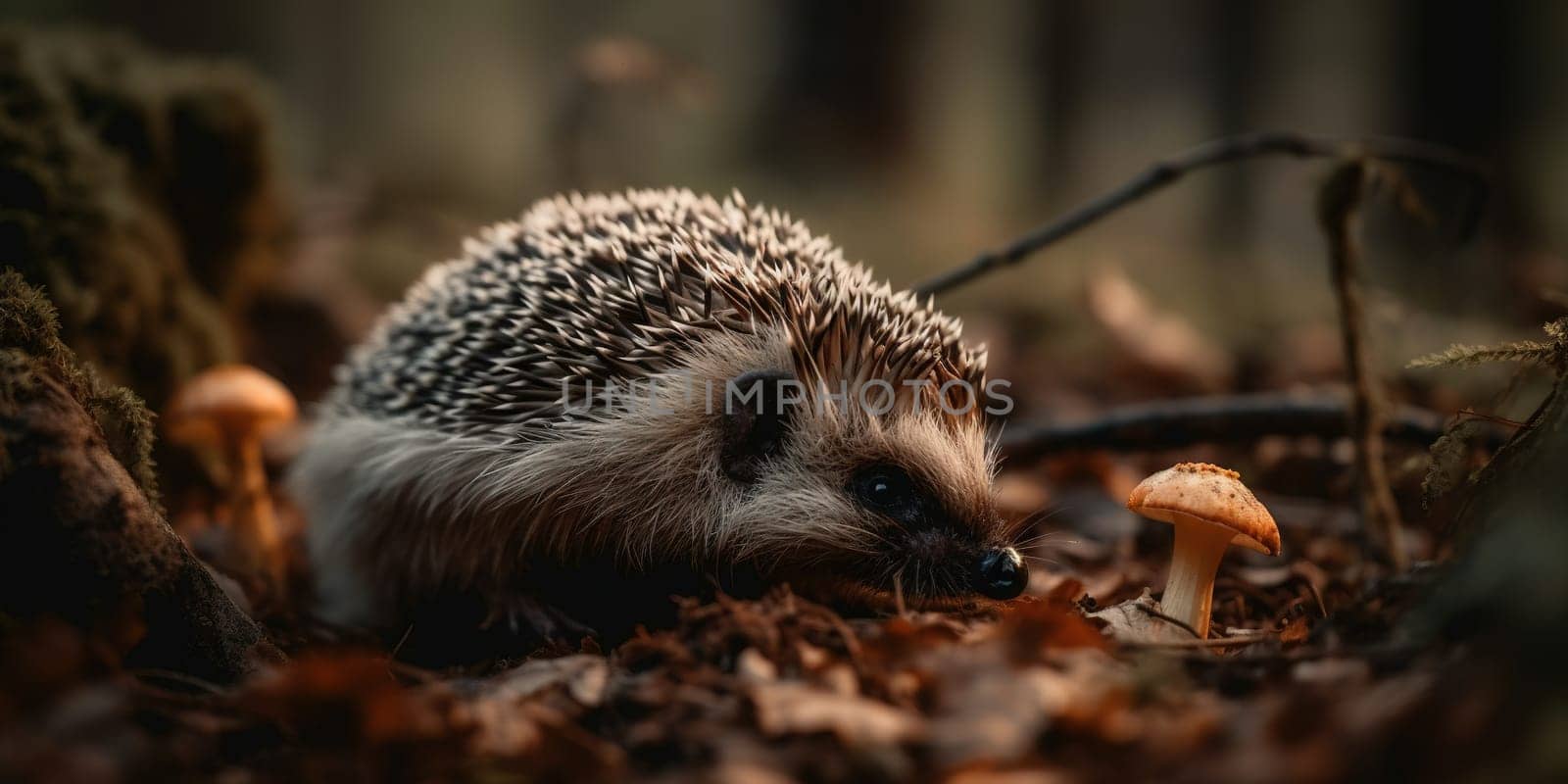 Wild Hedgehog With Mushroomd In Autumn Forest, Animal In Natural Habitat