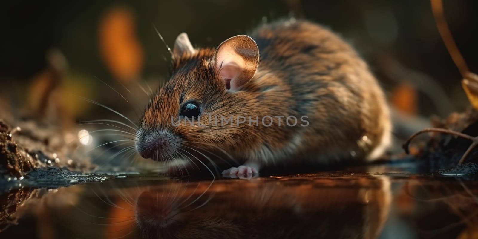 Grey Mouse Over Puddle Of Water In Autumn Forest, Animal In Natural Habitat