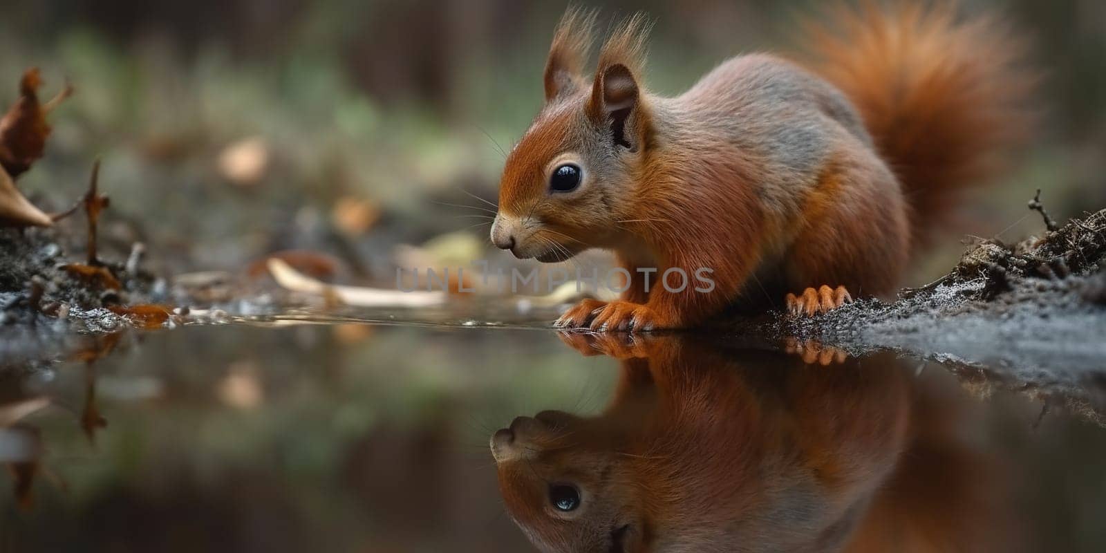 Cute Young Squirrel Over Puddle Of Water In Autumn Forest by tan4ikk1