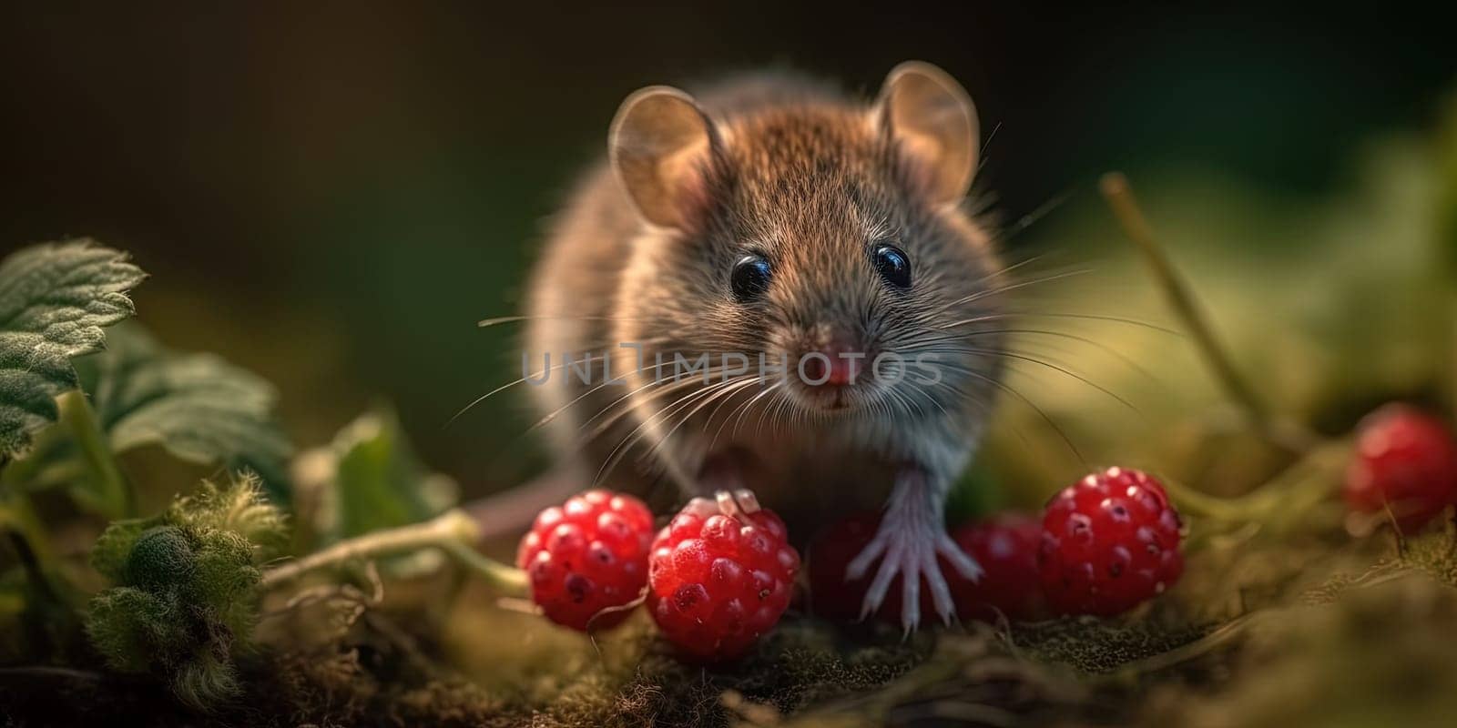 Wild Grey Mouse Eating Fresh Raspberry In The Forest, Animal In Natural Habitat