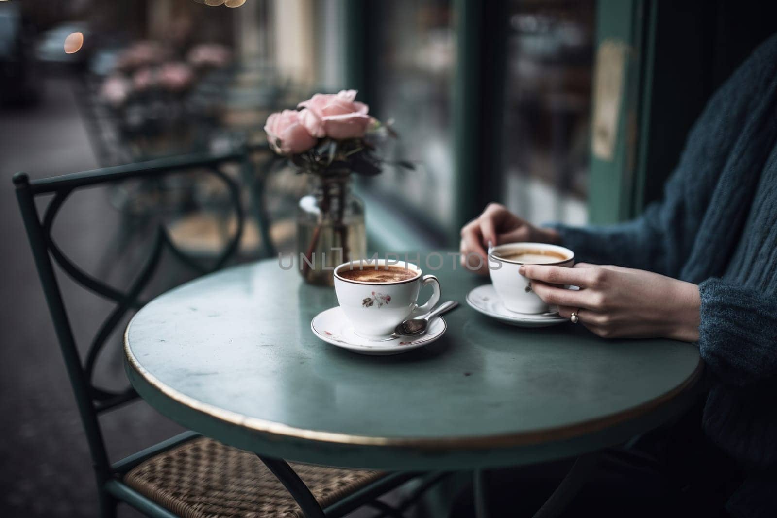 Girl Sits At The Table Of Street Cafe With Cup Of Hot Coffee. A Date In The City