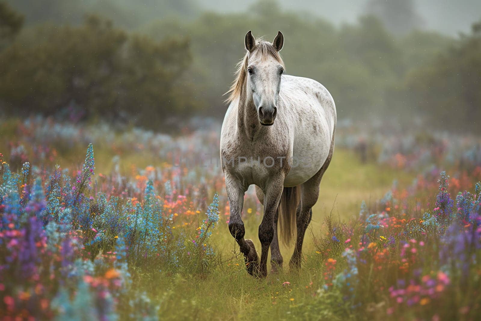 Surrounded By Wildflowers, The Horse Moves Through A Meadow Infused With An Ethereal, Almost Magical Scene