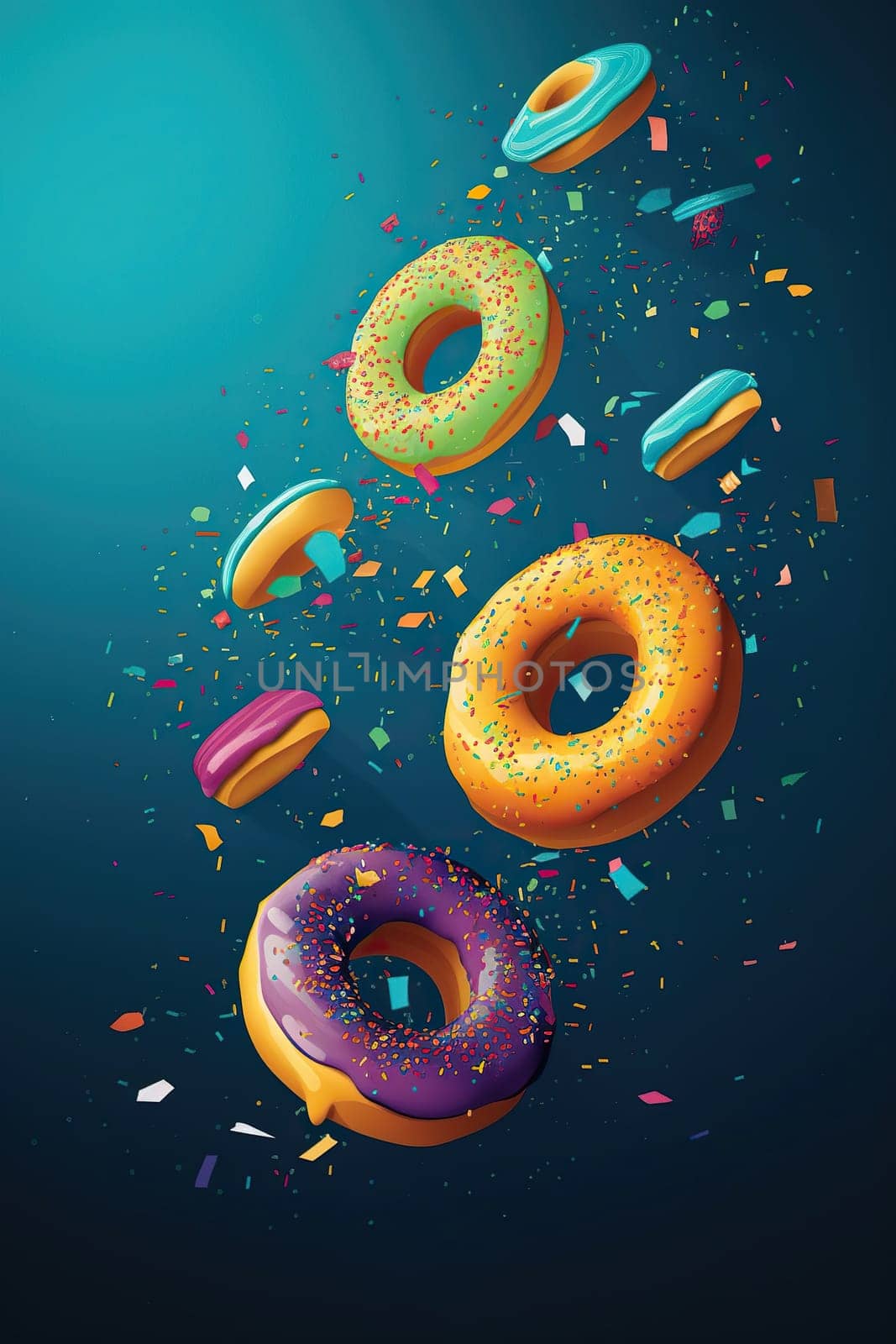 Flying Fresh Sweet Donuts With Colorful Topping On A Red Background