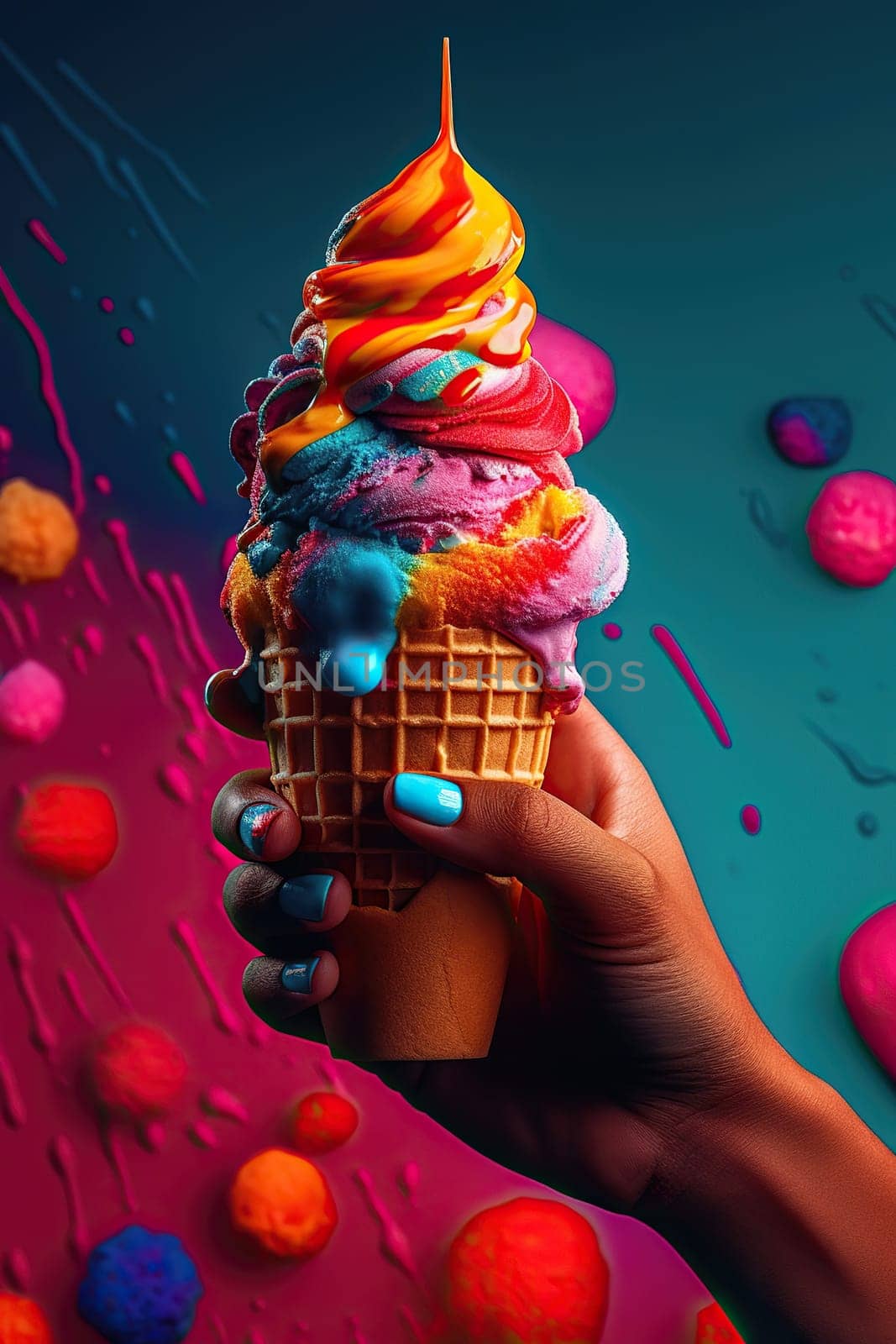 Delicious Sweet Ice Cream With Colorful Topping In Waffle Cup