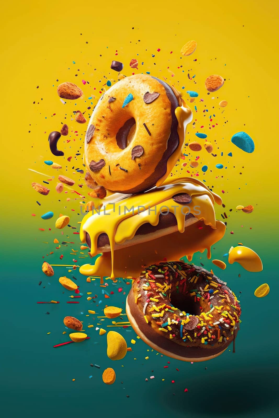 Illustration O Fflying Colorful Donuts With Topping And Icing