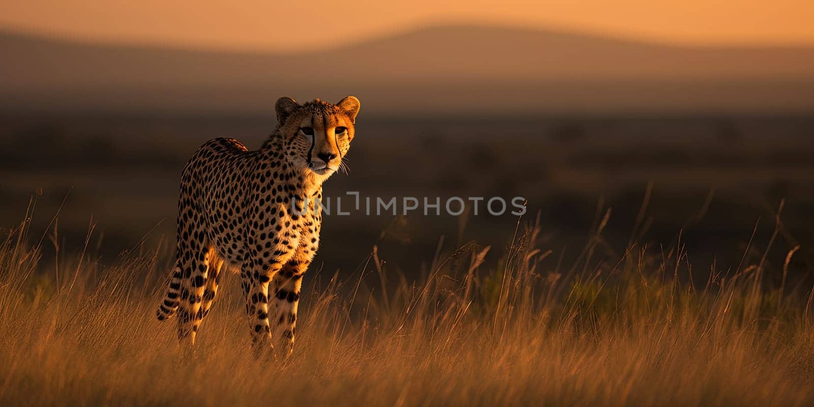Cheetah wandering through the steppe,close-up view blurry background , generative AI