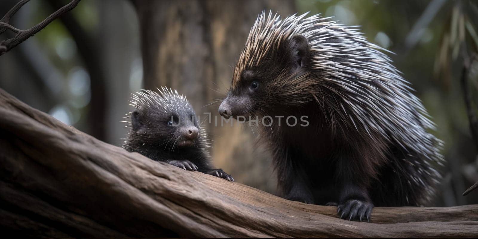 Adult porcupine with baby looking at each other by tan4ikk1