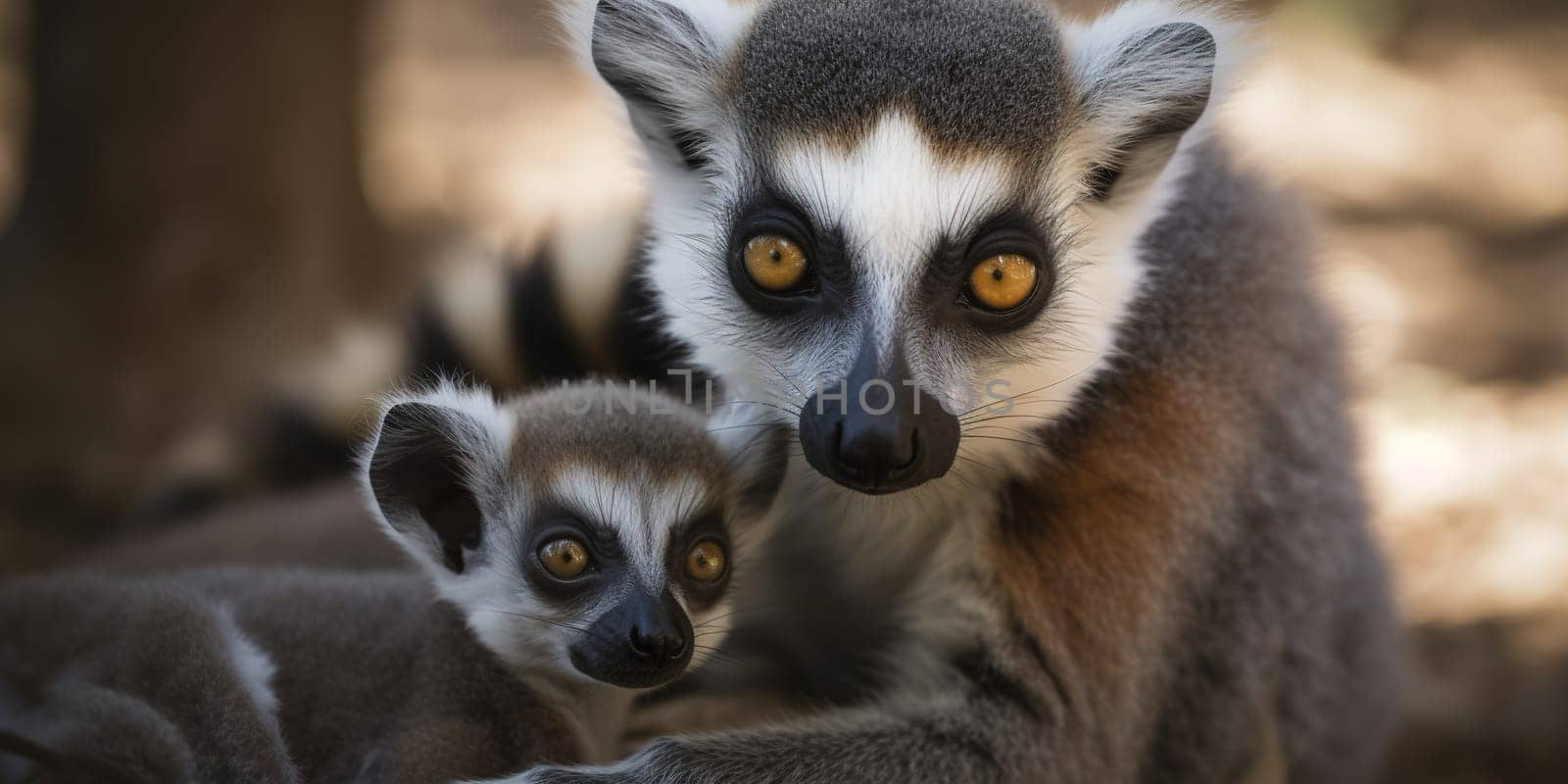 Adult lemur with baby looking at camera in the forest, blurry background , generative AI