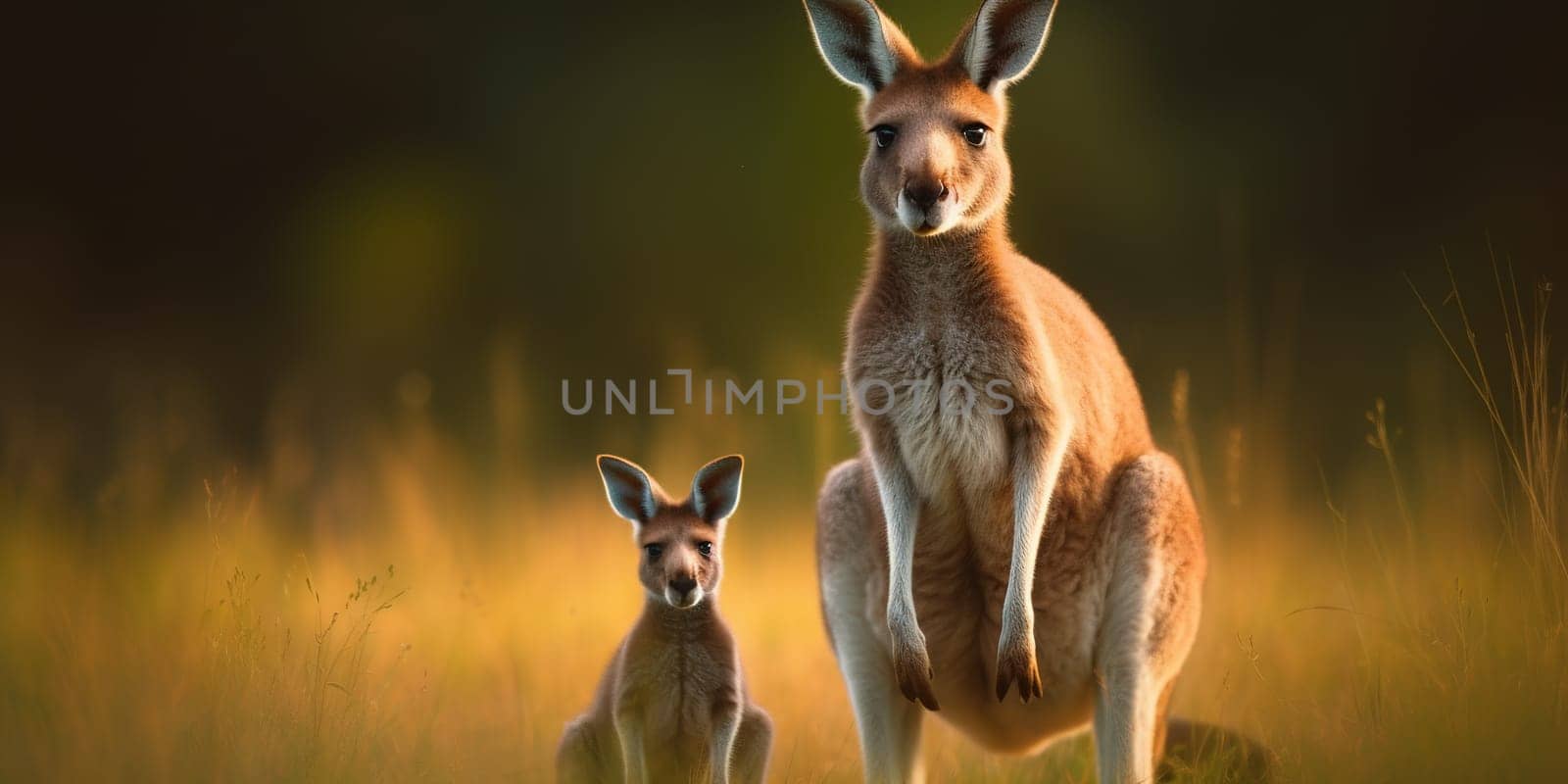 Adult kangaroo with baby looking in camera in the steppe, blurry background , generative AI