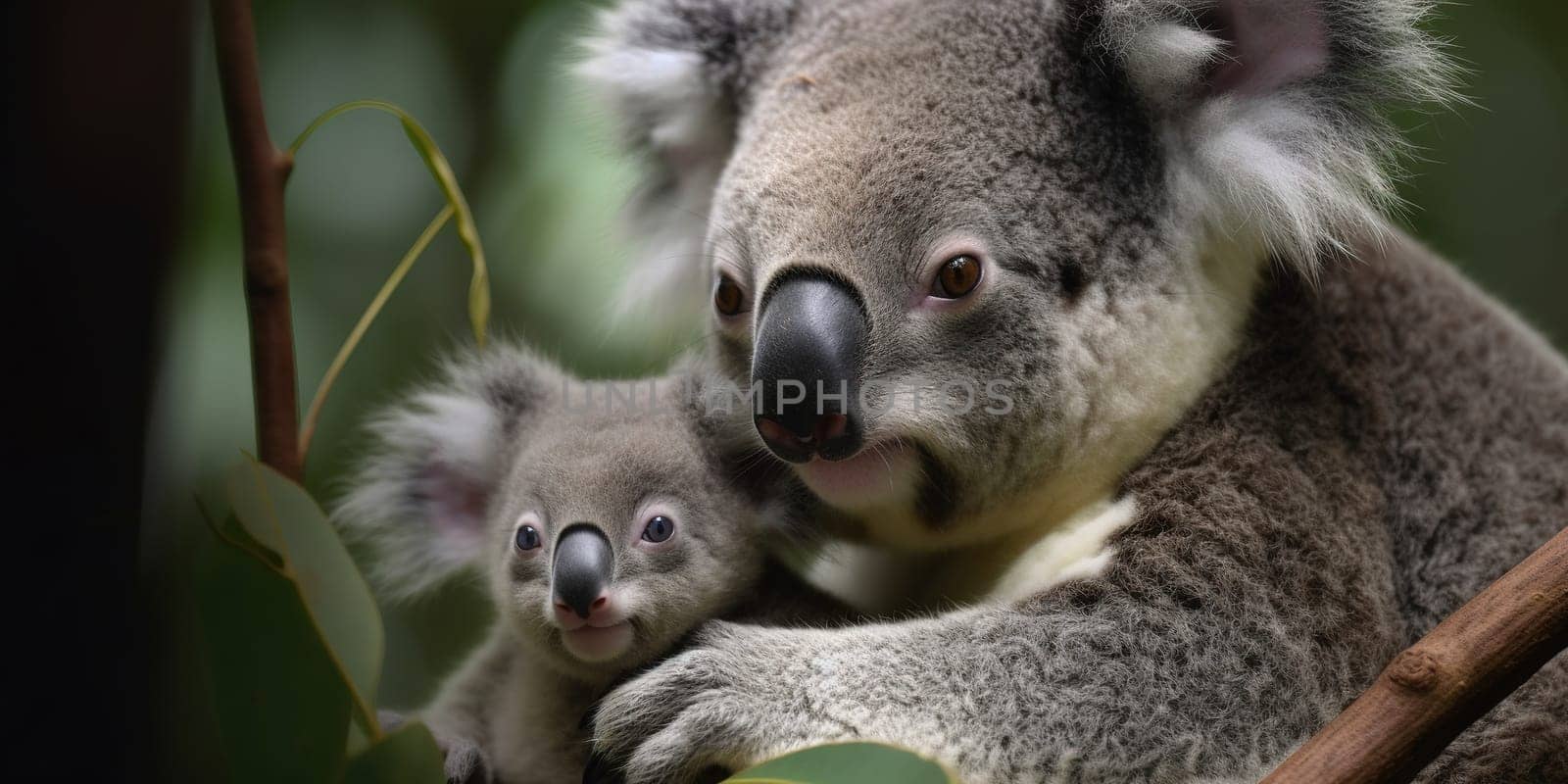 Adult koala with baby looking at distance in the forest, blurry background , generative AI