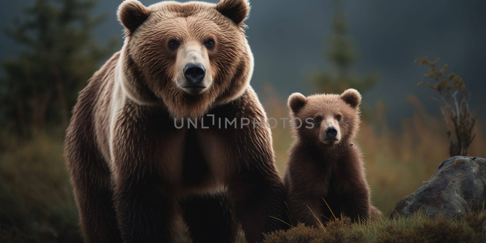Grizzly bear with baby looking in camera in the forest by tan4ikk1