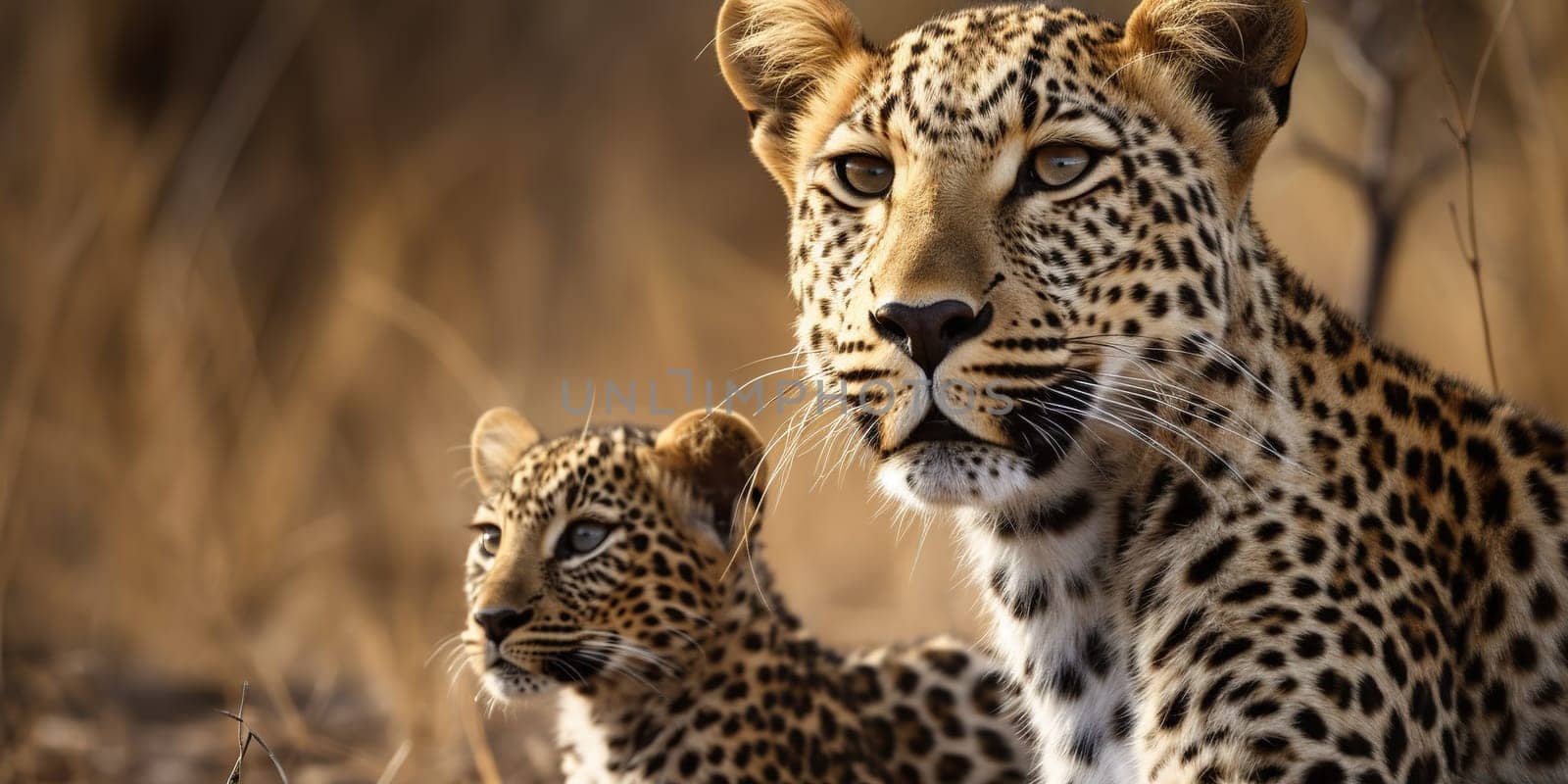 Adult leopard with baby looking at distance in the steppe,close-up view blurry background , generative AI