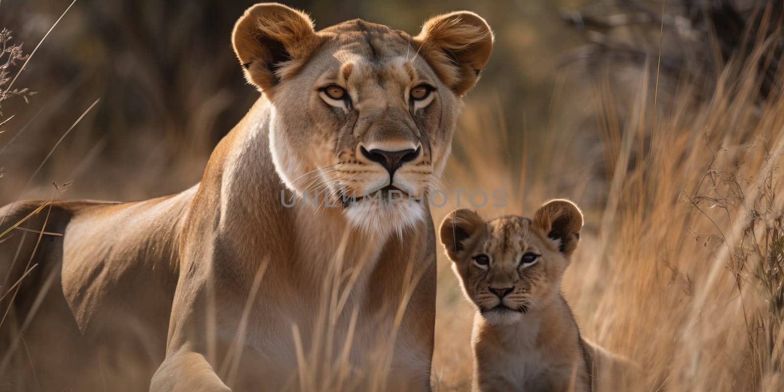 Adult lioness with baby looking at distance in the steppe by tan4ikk1