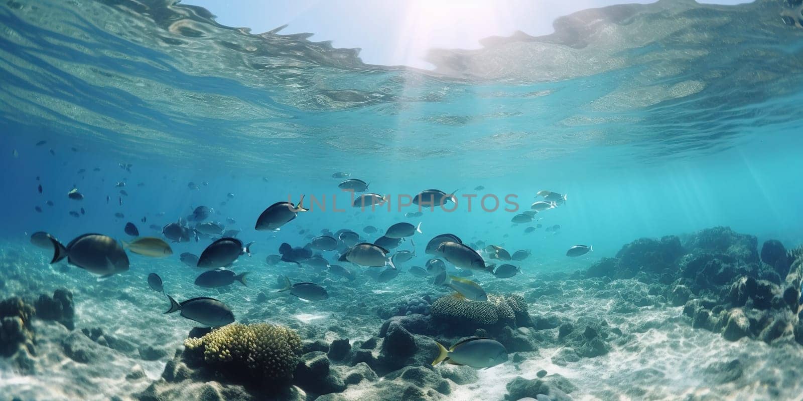 flock of fishes in the tropical sea, underwater View, generative AI