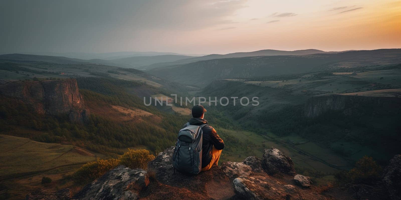 lonely traveler with backpack sitting in mountains and looking at far, amazing landscape panoramic view, generative AI