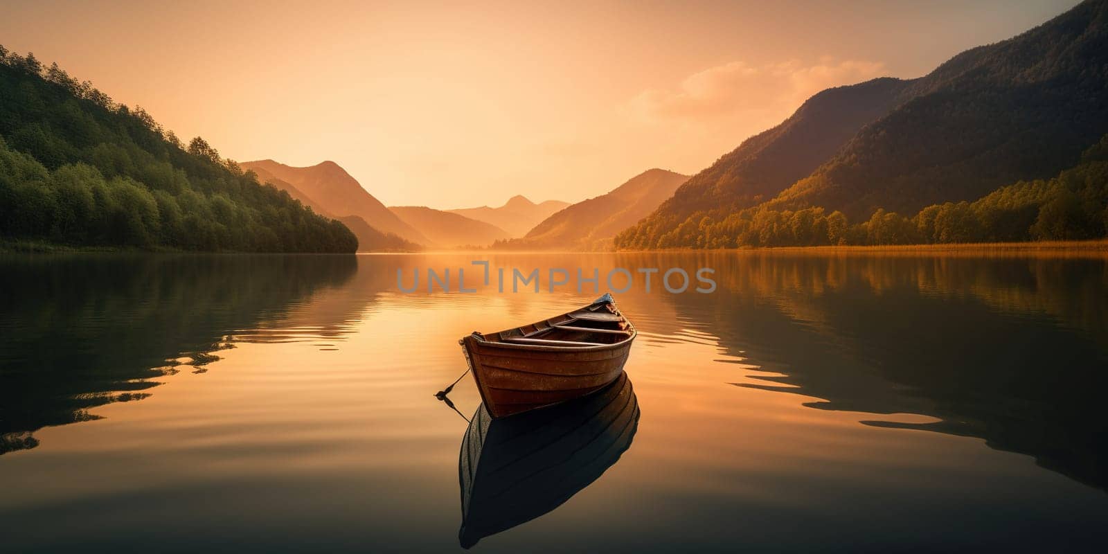 lonely empty fisher boat in the river in Sunrise through the mountains, generative AI