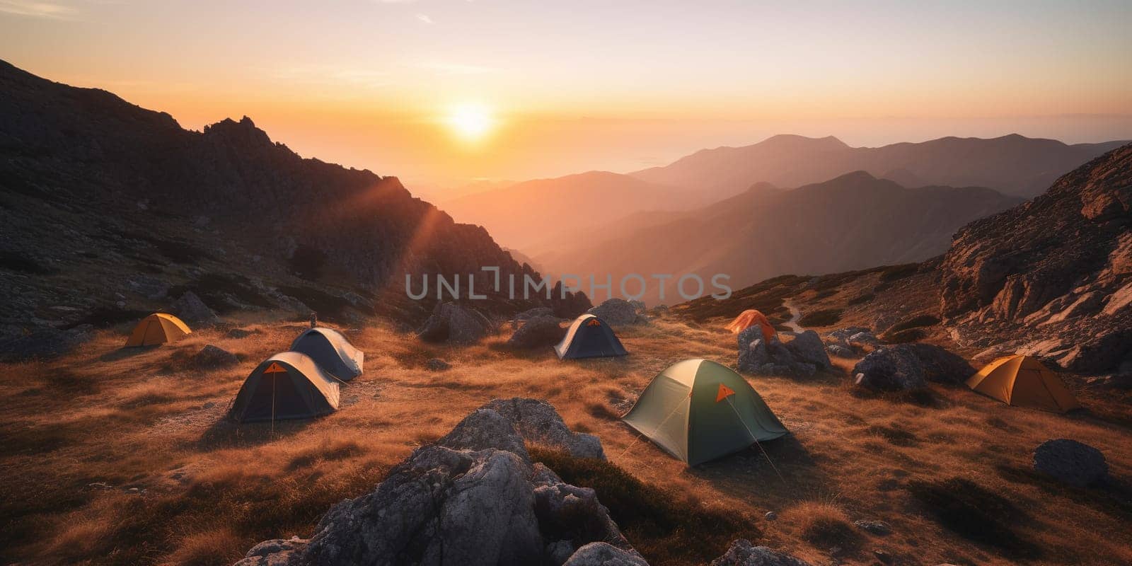 beautiful landscape View on mountains sunrise with tourist tents on a hill, generative AI