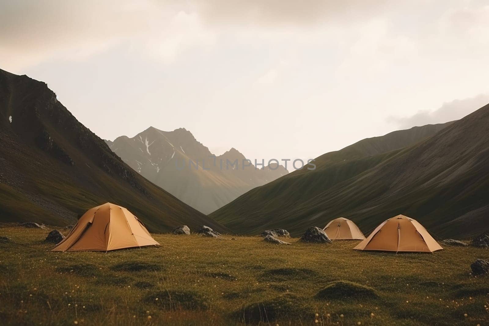 tourist tents in a tourist camp in the mountains in the morning, generative AI